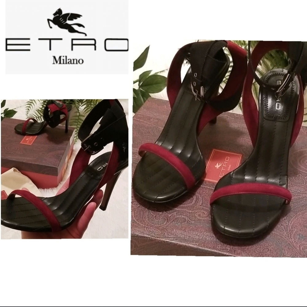ETRO Designer Genuine Italian Multicolor Buckle Red Heels Retails $950